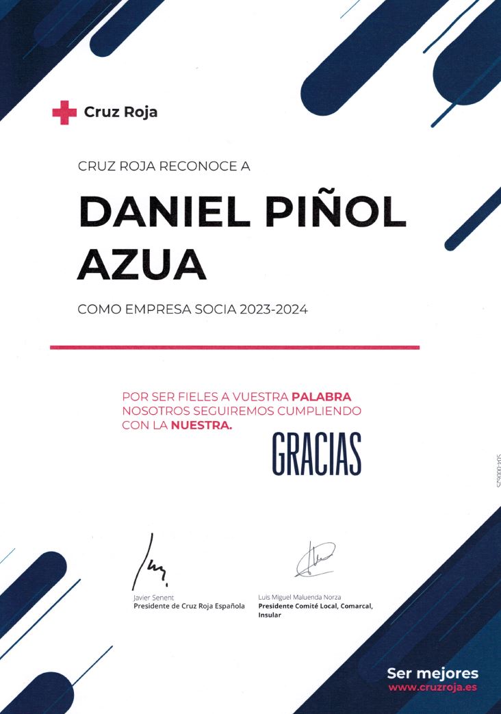 Certificado Empresa Socia de Cruz Roja Daniel Piñol